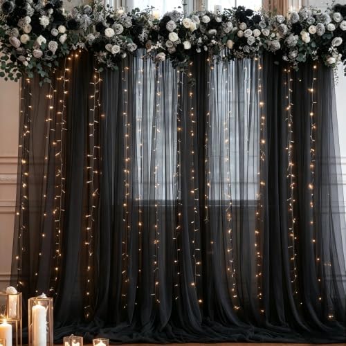 10ft x 10ft Black Backdrop Curtain with Lights String for Parties, Sheer Tulle Wedding Photo Backdrops Drapes, alternate view