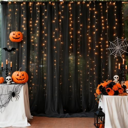 10ft x 10ft Black Backdrop Curtain with Lights String for Parties, Sheer Tulle Wedding Photo Backdrops Drapes, alternate view