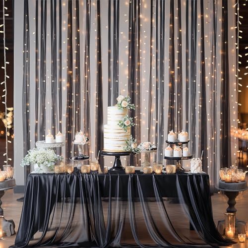 10ft x 10ft Black Backdrop Curtain with Lights String for Parties, Sheer Tulle Wedding Photo Backdrops Drapes, alternate view