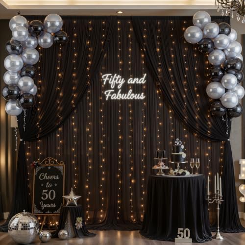 10ft x 10ft Black Chiffon Backdrop Curtain with Lights String for Parites Wedding Wrinkle Free Curtain Photo