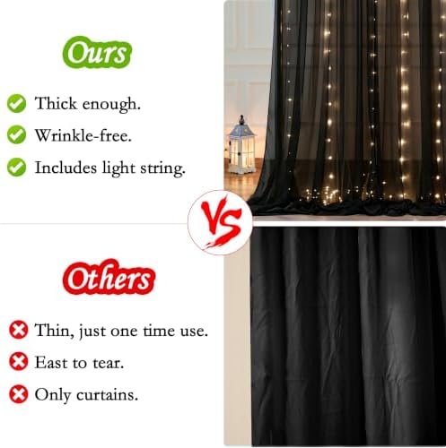 10ft x 10ft Black Chiffon Backdrop Curtain with Lights String for Parites Wedding Wrinkle Free Curtain Photo, alternate view