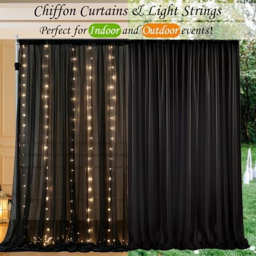 10ft x 10ft Black Chiffon Backdrop Curtain with Lights String for Parites Wedding Wrinkle Free Curtain Photo, alternate view