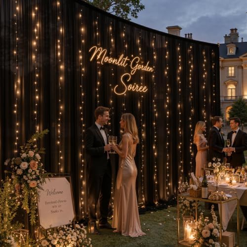 10ft x 10ft Black Chiffon Backdrop Curtain with Lights String for Parties,2 Panels Sheer Tulle Curtain Wedding, alternate