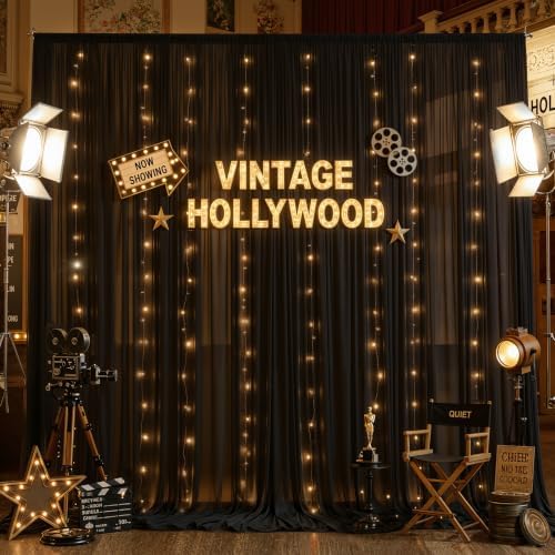 10ft x 10ft Black Chiffon Backdrop Curtain with Lights String for Parties,2 Panels Sheer Tulle Curtain Wedding, alternate