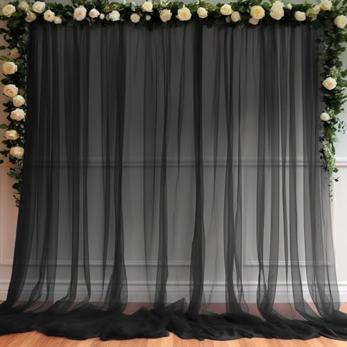 10ft X 10ft Black Sheer Backdrop Curtain for Parties, Tulle Sheer Fabric Backdrop Curtain Drapes for Baby Shower