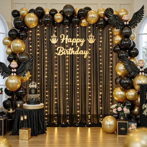 10ft x 10ft Black Tulle Photo Backdrop Curtain with Lights String for Parties Sheer Black Curtain Backdrop for, alternate