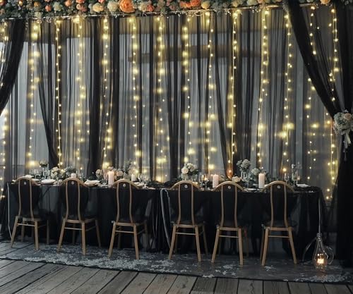 10ft x 10ft Black Tulle Photo Backdrop Curtain with Lights String for Parties Sheer Black Curtain Backdrop for, alternate