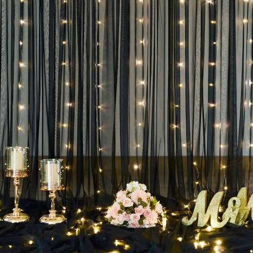10ft x 10ft Black Tulle Photo Backdrop Curtain with Lights String for Parties Sheer Black Curtain Backdrop for, alternate