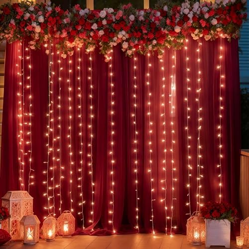 10ft x 10ft Burgundy Backdrop Curtain with Lights String for Parties, Sheer Tulle Wedding Photo Backdrops Drapes