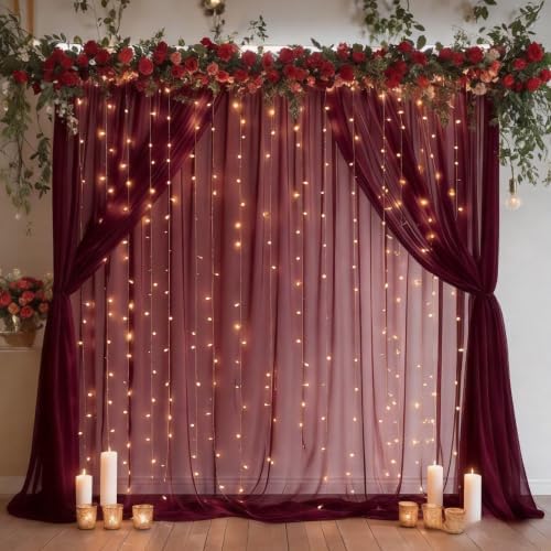 10ft x 10ft Burgundy Backdrop Curtain with Lights String for Parties, Sheer Tulle Wedding Photo Backdrops Drapes, alternate