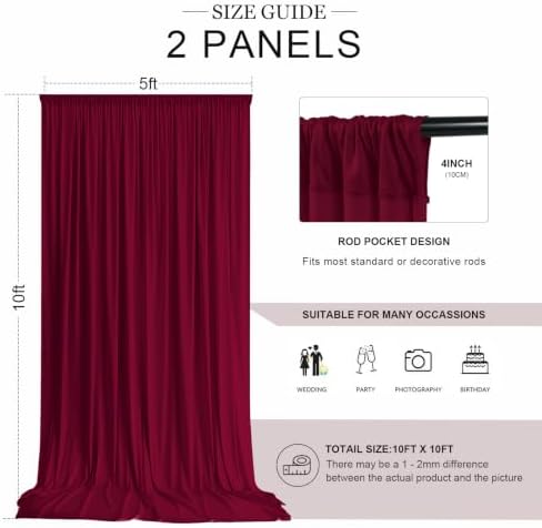 10ft x 10ft Burgundy Backdrop Curtains for Parties, 2 Panels 5ft x 10ft Wrinkle-Free Polyester Photo Backdrop, alternate view
