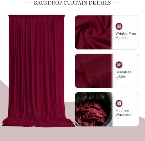 10ft x 10ft Burgundy Backdrop Curtains for Parties, 2 Panels 5ft x 10ft Wrinkle-Free Polyester Photo Backdrop, alternate view