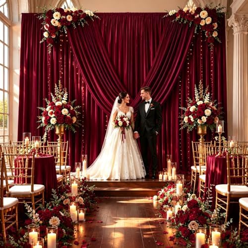 10ft x 10ft Burgundy Backdrop Curtains for Parties, 2 Panels 5ft x 10ft Wrinkle-Free Polyester Photo Backdrop, alternate view