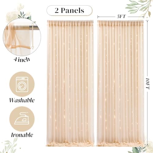 10ft x 10ft Champagne Backdrop Curtain with Lights String for Parties, Sheer Wedding Photo Backdrops Drapes for, alternate