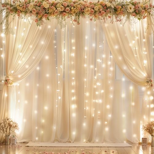 10ft x 10ft Champagne Chiffon Backdrop Curtain with Lights String for Parites Wedding Wrinkle Free Curtain Photo