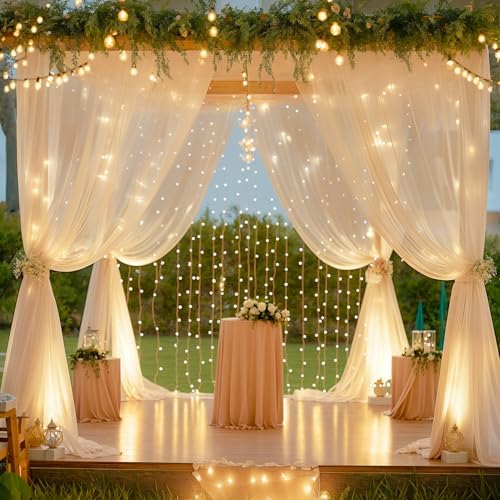10ft x 10ft Champagne Chiffon Backdrop Curtain with Lights String for Parites Wedding Wrinkle Free Curtain Photo, alternate