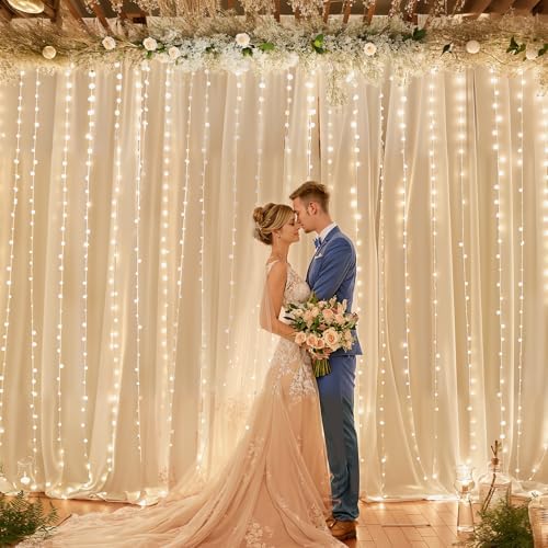 10ft x 10ft Champagne Chiffon Backdrop Curtain with Lights String for Parites Wedding Wrinkle Free Curtain Photo, alternate