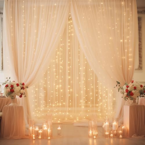 10ft x 10ft Champagne Chiffon Backdrop Curtain with Lights String for Parites Wedding Wrinkle Free Curtain Photo, alternate