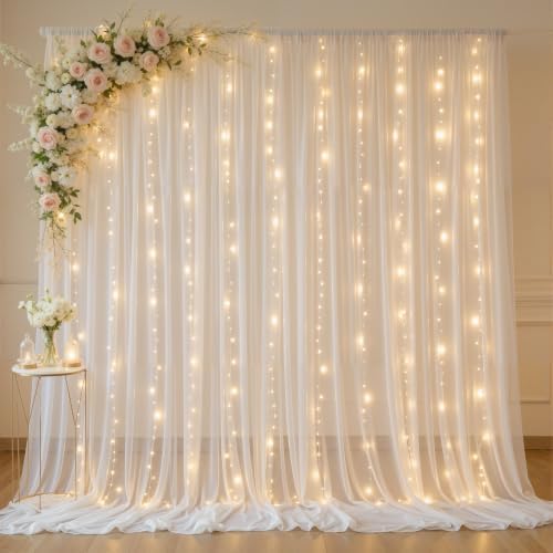 10ft x 10ft Cream White Chiffon Backdrop Curtain with Lights String for Parties,2 Panels Sheer Tulle Curtain