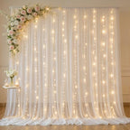 10ft x 10ft Cream White Chiffon Backdrop Curtain with Lights String for Parties,2 Panels Sheer Tulle Curtain