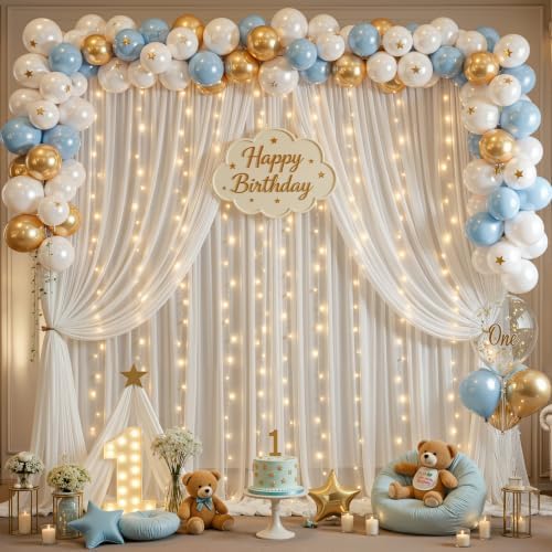 10ft x 10ft Cream White Chiffon Backdrop Curtain with Lights String for Parties,2 Panels Sheer Tulle Curtain, alternate view