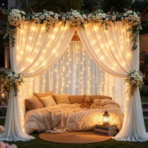 10ft x 10ft Cream White Chiffon Backdrop Curtain with Lights String for Parties,2 Panels Sheer Tulle Curtain, alternate view