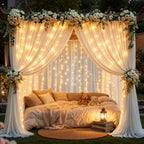 10ft x 10ft Cream White Chiffon Backdrop Curtain with Lights String for Parties,2 Panels Sheer Tulle Curtain, alternate view