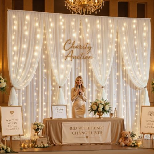 10ft x 10ft Cream White Chiffon Backdrop Curtain with Lights String for Parties,2 Panels Sheer Tulle Curtain, alternate view