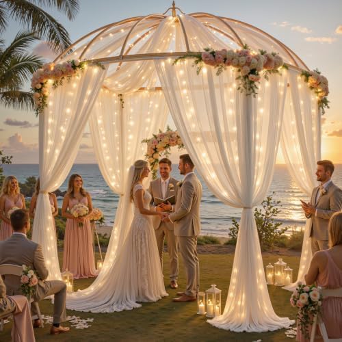10ft x 10ft Cream White Chiffon Backdrop Curtain with Lights String for Parties,2 Panels Sheer Tulle Curtain, alternate view