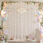 10ft x 10ft Cream White Chiffon Backdrop Curtain with Lights String for Parties,2 Panels Sheer Tulle Curtain, alternate view