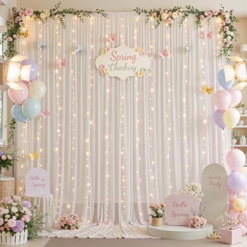 10ft x 10ft Cream White Chiffon Backdrop Curtain with Lights String for Parties,2 Panels Sheer Tulle Curtain, alternate view