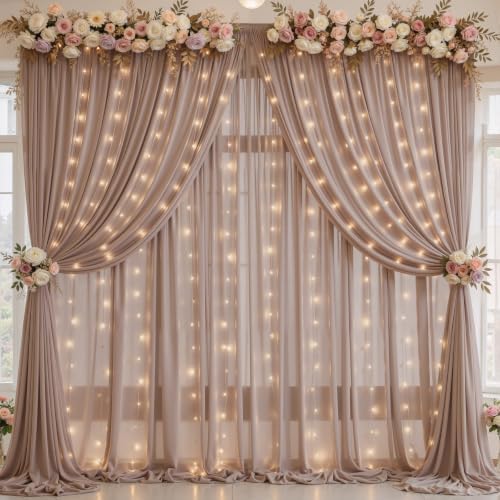 10ft x 10ft Dusty Khaki Chiffon Backdrop Curtain with Lights String for Parites Wedding Wrinkle Free Curtain