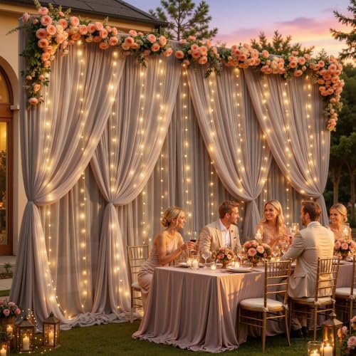 10ft x 10ft Dusty Khaki Chiffon Backdrop Curtain with Lights String for Parites Wedding Wrinkle Free Curtain, alternate view