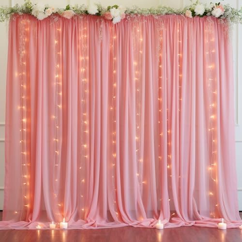 10ft x 10ft Dusty Rose Chiffon Backdrop Curtain with Lights String for Parties,2 Panels Sheer Tulle Curtain
