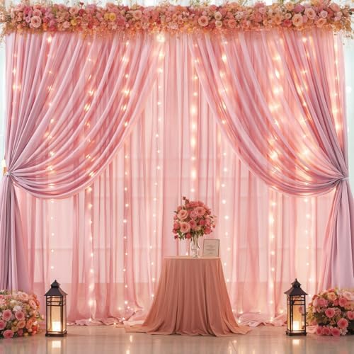 10ft x 10ft Dusty Rose Chiffon Backdrop Curtain with Lights String for Parties,2 Panels Sheer Tulle Curtain, alternate view 4
