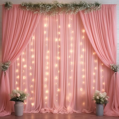 10ft x 10ft Dusty Rose Chiffon Backdrop Curtain with Lights String for Parties,2 Panels Sheer Tulle Curtain, alternate view 5