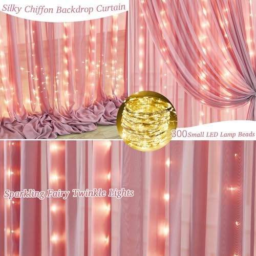 10ft x 10ft Dusty Rose Chiffon Backdrop Curtain with Lights String for Parties,2 Panels Sheer Tulle Curtain, alternate view 6