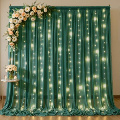 10ft x 10ft Emerald Green Chiffon Backdrop Curtain with Lights String for Parties,2 Panels Sheer Curtain Wedding