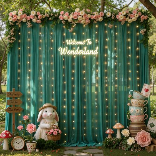 10ft x 10ft Emerald Green Chiffon Backdrop Curtain with Lights String for Parties,2 Panels Sheer Curtain Wedding, alternate