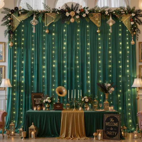 10ft x 10ft Emerald Green Chiffon Backdrop Curtain with Lights String for Parties,2 Panels Sheer Curtain Wedding, alternate