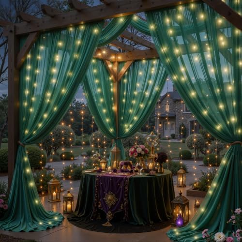 10ft x 10ft Emerald Green Chiffon Backdrop Curtain with Lights String for Parties,2 Panels Sheer Curtain Wedding, alternate