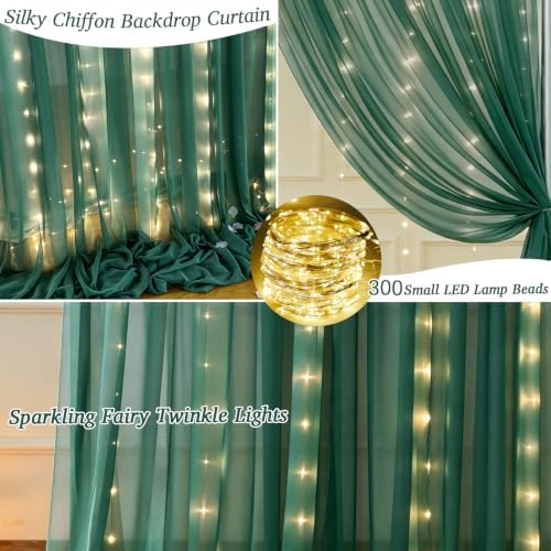 10ft x 10ft Emerald Green Chiffon Backdrop Curtain with Lights String for Parties,2 Panels Sheer Curtain Wedding, alternate