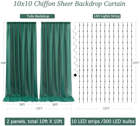 10ft x 10ft Emerald Green Chiffon Backdrop Curtain with Lights String for Parties,2 Panels Sheer Curtain Wedding, alternate