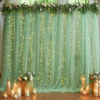 10ft x 10ft Green Backdrop Curtain with Lights String for Parties, Sheer Tulle Wedding Photo Backdrops Drapes