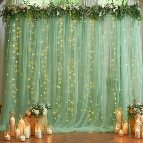 10ft x 10ft Green Backdrop Curtain with Lights String for Parties, Sheer Tulle Wedding Photo Backdrops Drapes