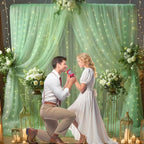 10ft x 10ft Green Backdrop Curtain with Lights String for Parties, Sheer Tulle Wedding Photo Backdrops Drapes, alternate view