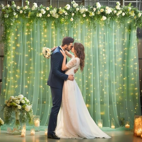 10ft x 10ft Green Backdrop Curtain with Lights String for Parties, Sheer Tulle Wedding Photo Backdrops Drapes, alternate view