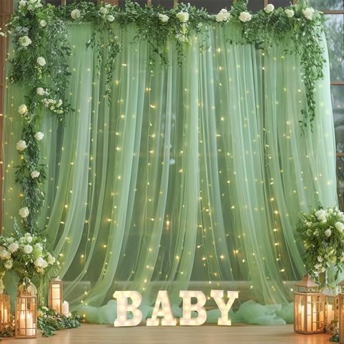 10ft x 10ft Green Backdrop Curtain with Lights String for Parties, Sheer Tulle Wedding Photo Backdrops Drapes, alternate view