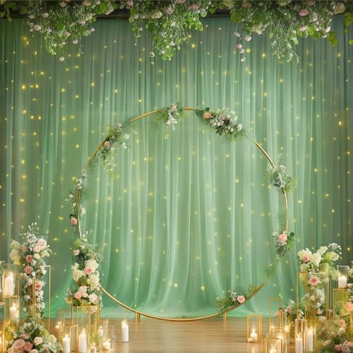 10ft x 10ft Green Backdrop Curtain with Lights String for Parties, Sheer Tulle Wedding Photo Backdrops Drapes, alternate view