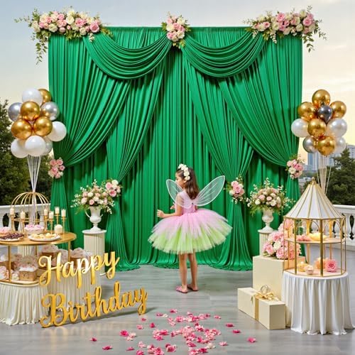 10ft x 10ft Green Backdrop Drapes for Wedding Parties, 2 Panels Wrinkle-Free Polyester Fabric Background, alternate view 7